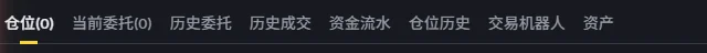 币安合约页底部的页签条，从左到右是仓位、当前委托、历史委托、历史成交、资金流水、仓位历史、交易机器人、资产