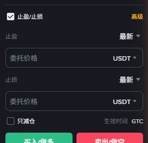 勾选止盈止损之后展开的字段：止盈一组和止损一组，每组带一个显示最新的触发价基准下拉和一个委托价格输入框，右上角有高级入口
