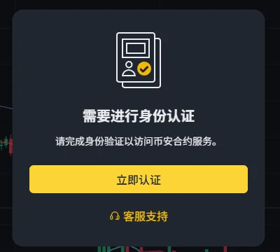 币安弹出的需要进行身份认证提示窗，正文写着请完成身份验证以访问币安合约服务，下面是立即认证按钮和客服支持入口